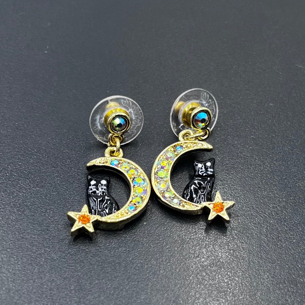 Kirks Folly Vintage Black Cat Crescent Moon Post Back Dangle Earrings